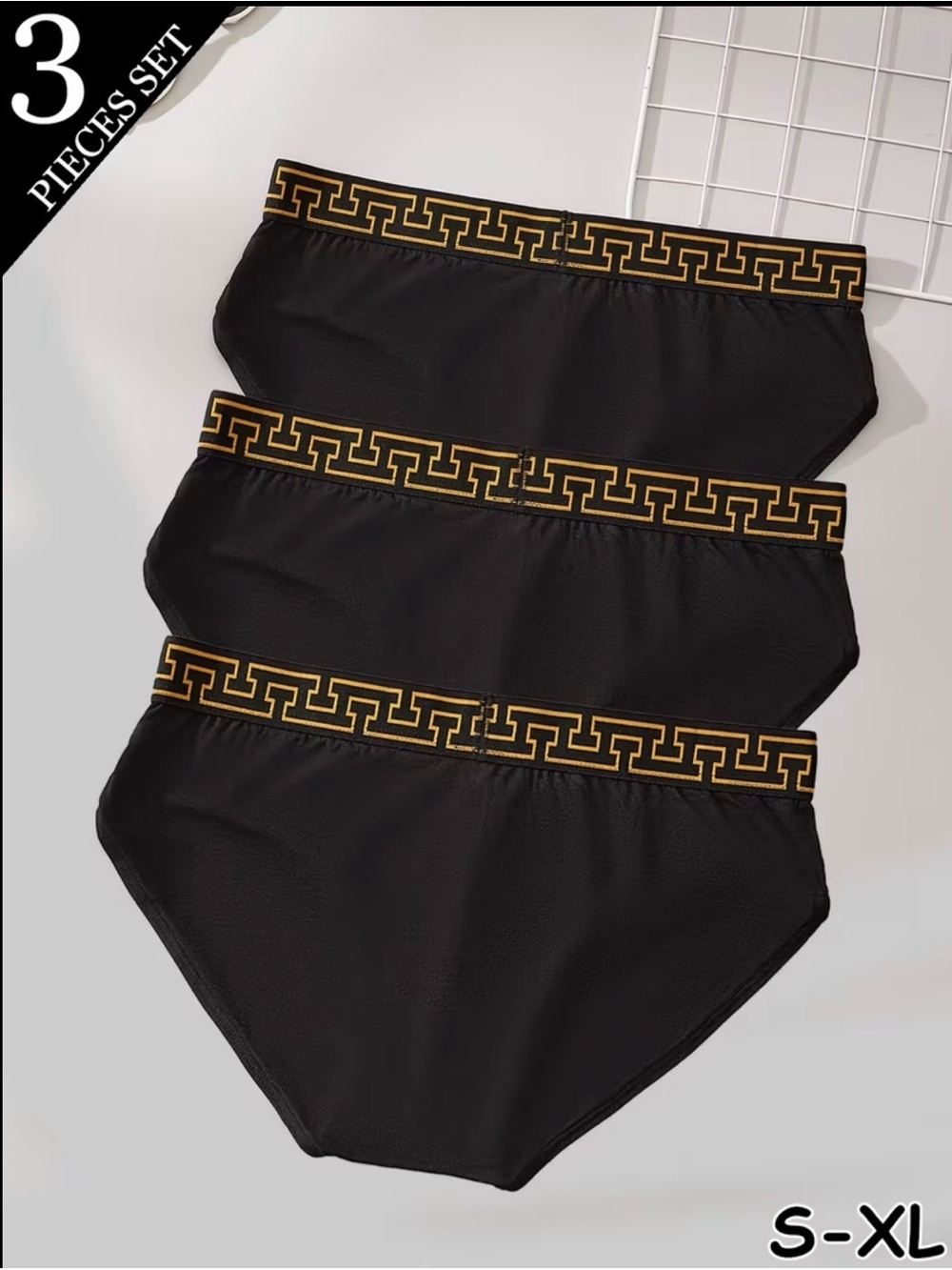 Black Briefs Set with Gold Geometric Waistband - 3 Pack - Picture 2 of 5